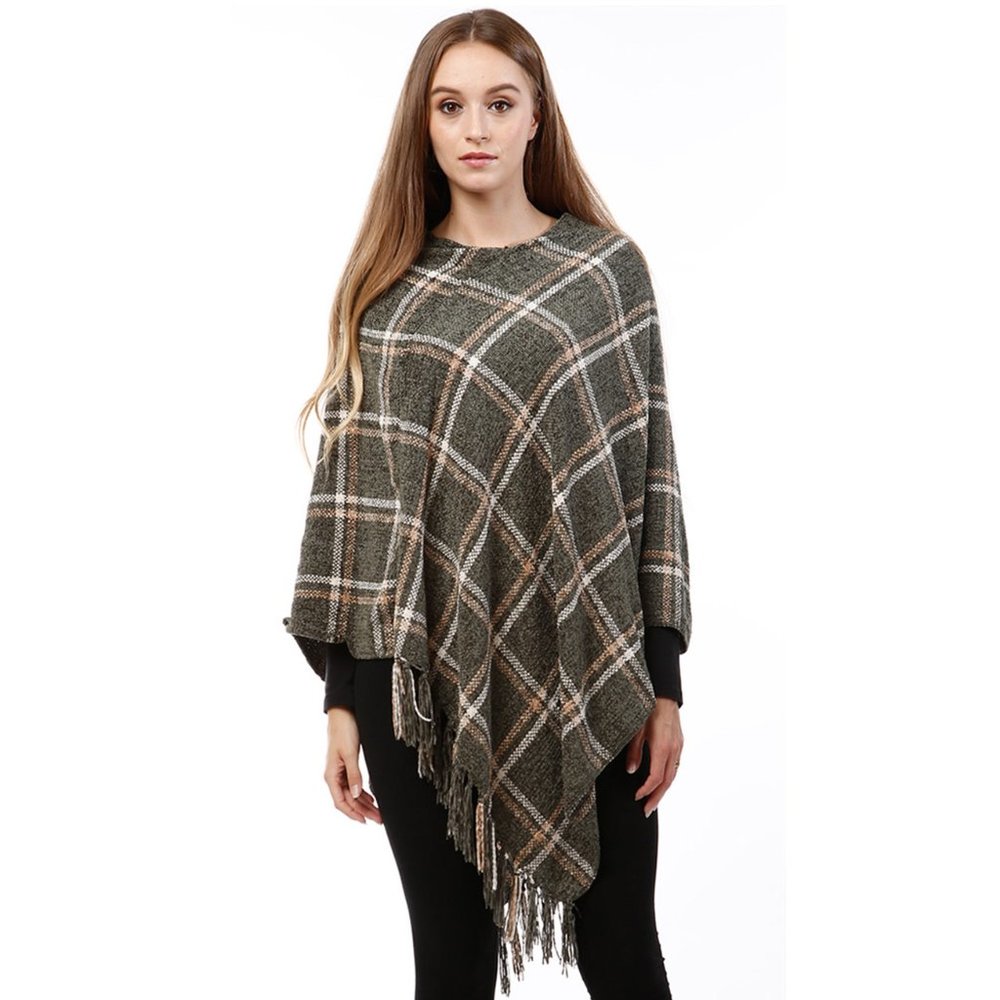 LOF Soft Chenille Plaid Color Cape Fringe Poncho